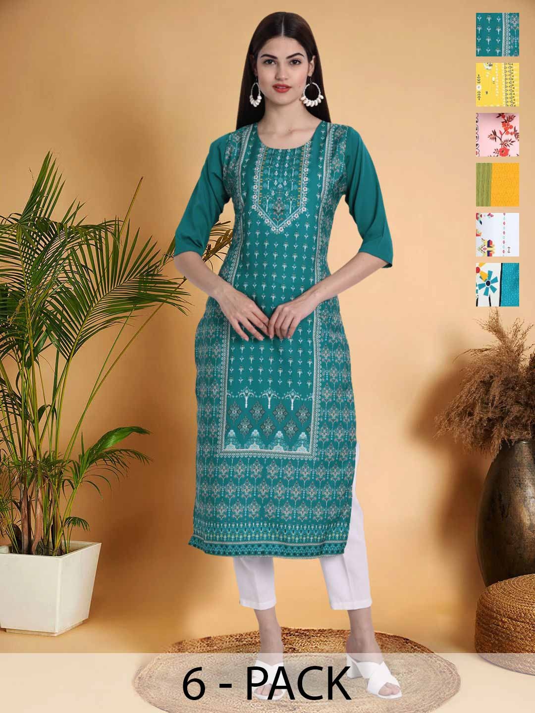 

7Threads Selection Of 6 Ethnic Motifs Printed Round Neck Straight Kurtas, Sea green