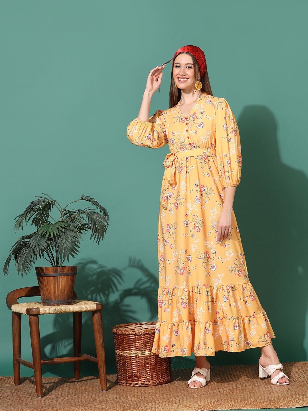 

Moda Rapido Women Floral Print Puff Sleeve Ruffled Crepe Fit & Flare Maxi Dress, Yellow