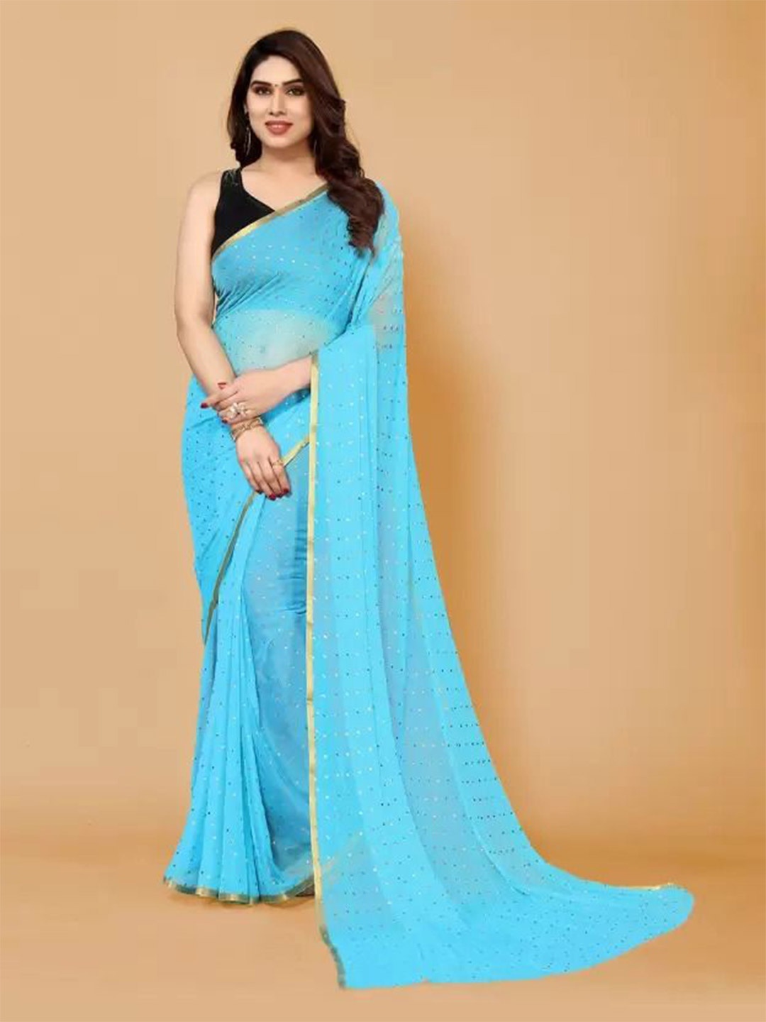 

SAADHVI Embellished Beads and Stones Pure Georgette Saree, Teal