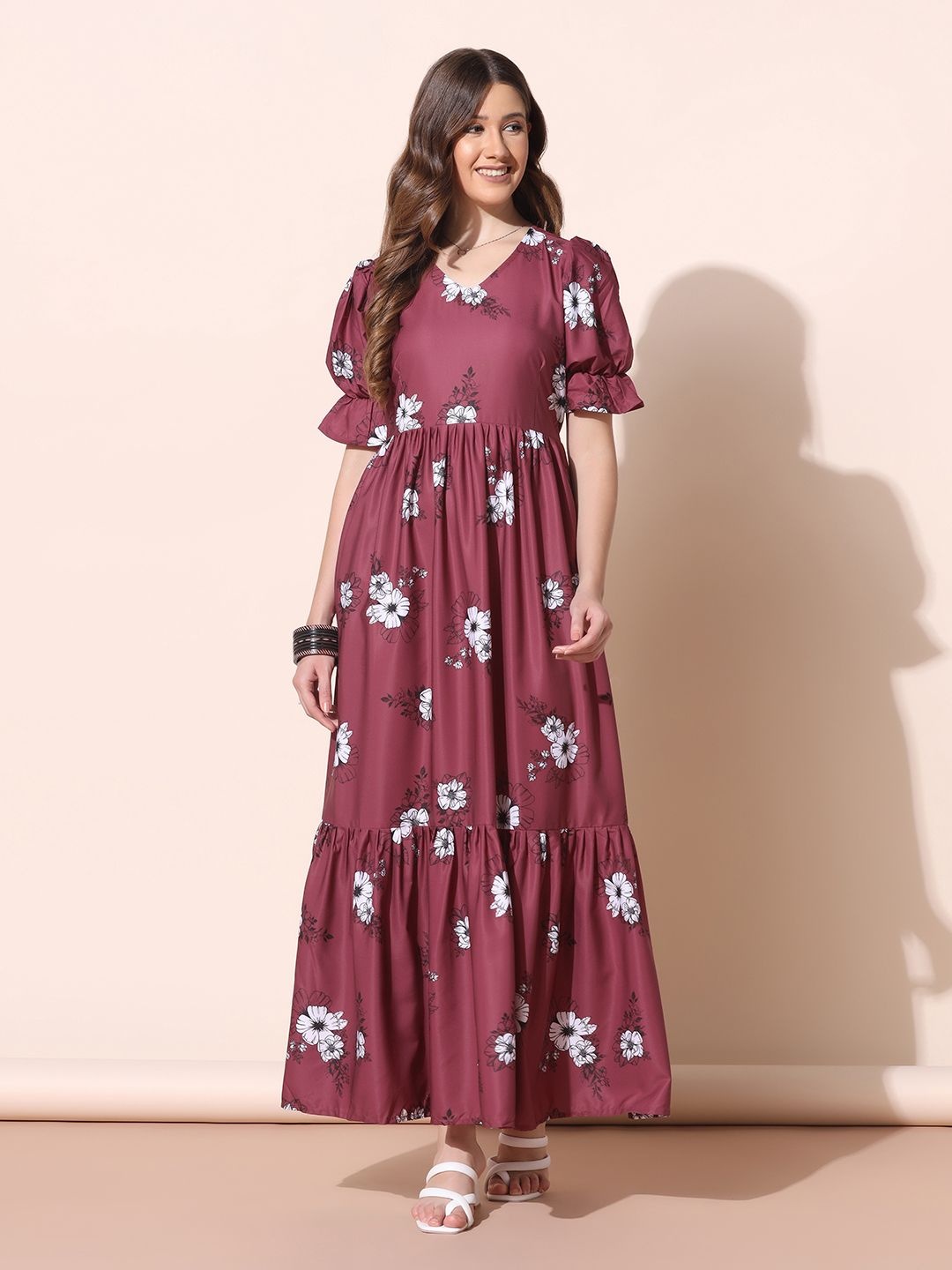 

Moda Rapido Floral Print Puff Sleeve Crepe A-Line Maxi Dress, Maroon