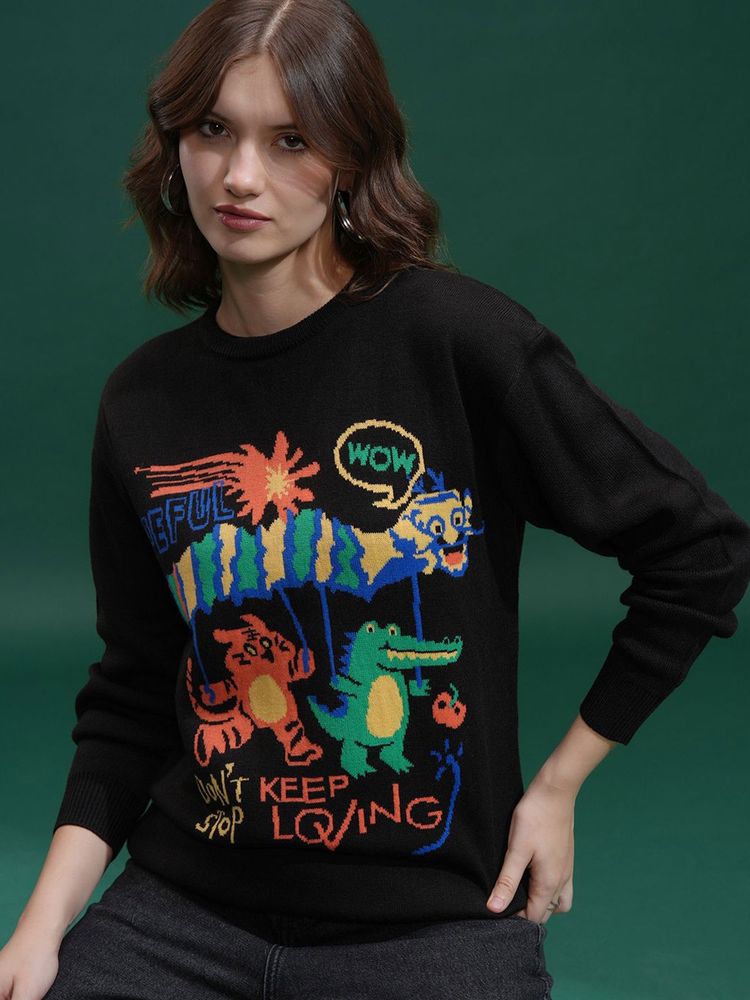 

Tokyo Talkies Women Round Neck Self Design Printed Sweater, Black