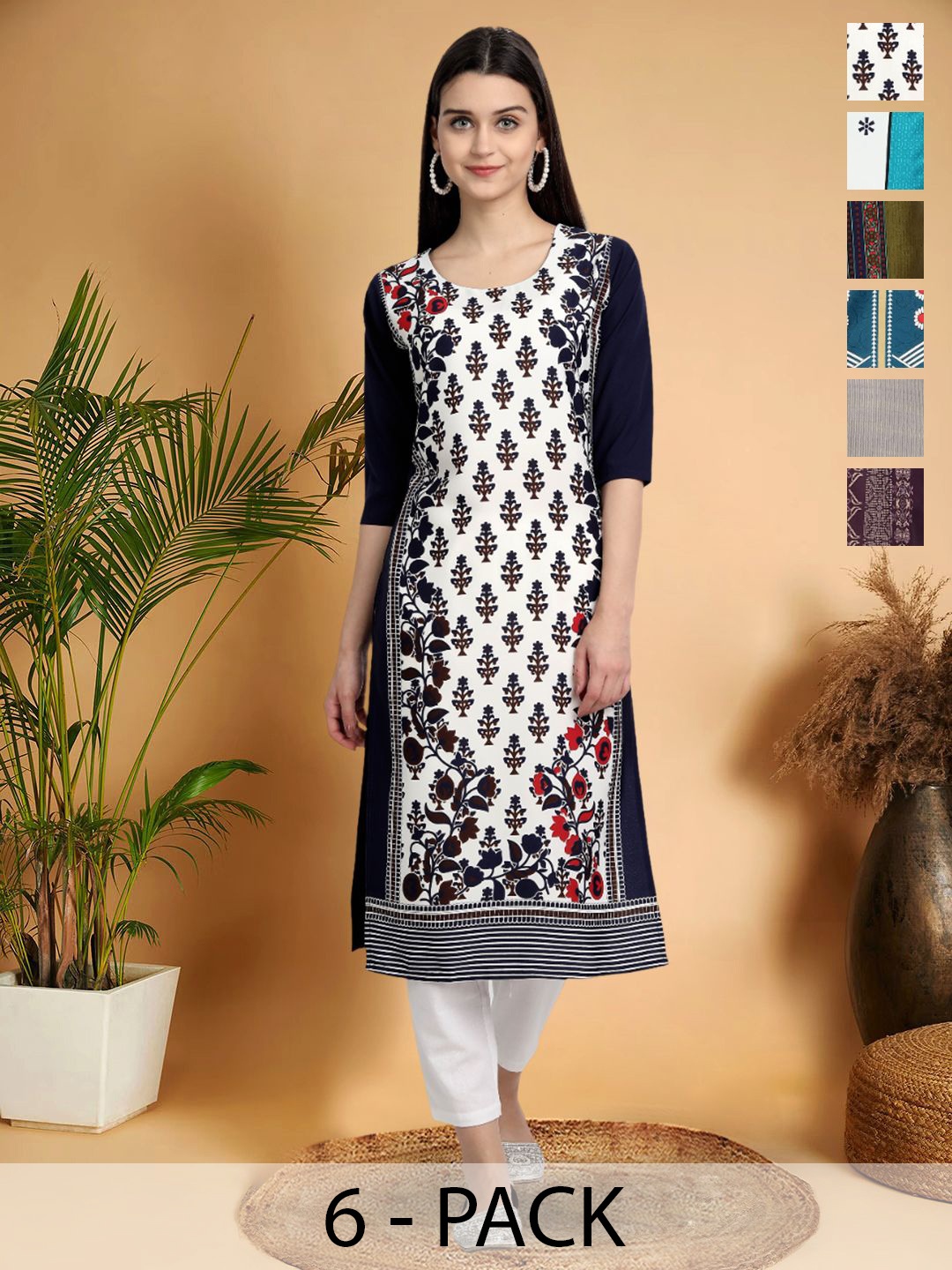 

7Threads Selection Of 6 Floral Printed Round Neck Straight Kurtas, Black