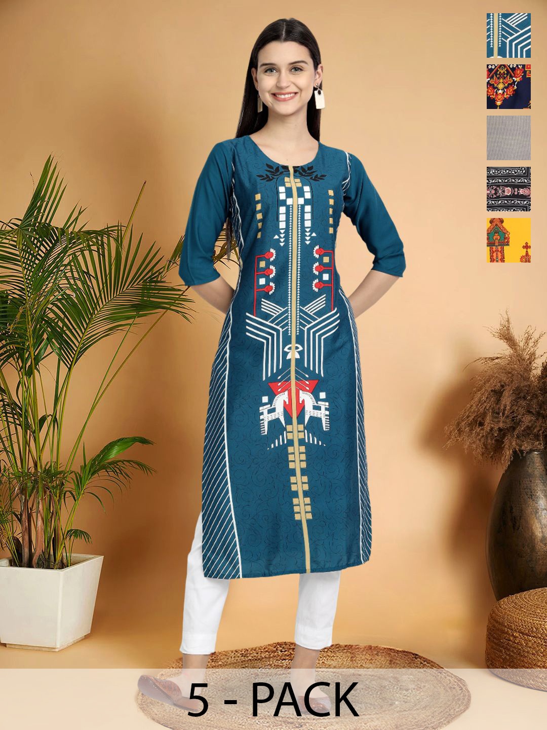 

7Threads Selection Of 5 Geometric Printed Round Neck Straight Kurtas, Blue