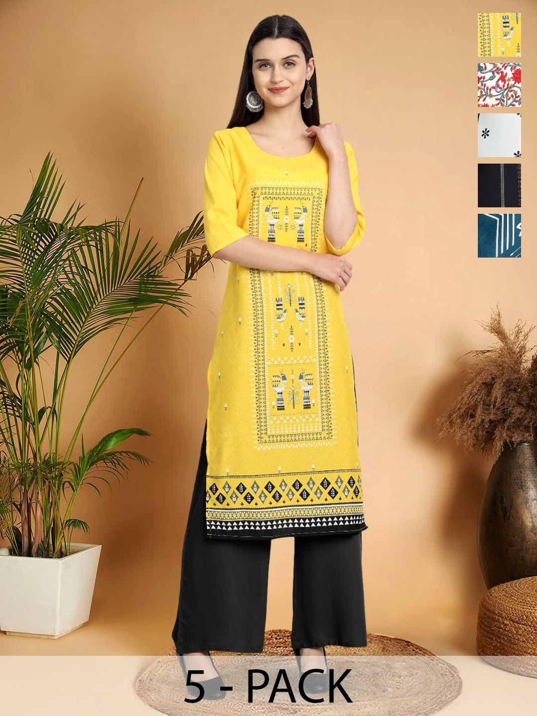 

7Threads Selection Of 5 Geometric Printed Round Neck Straight Kurtas, Yellow