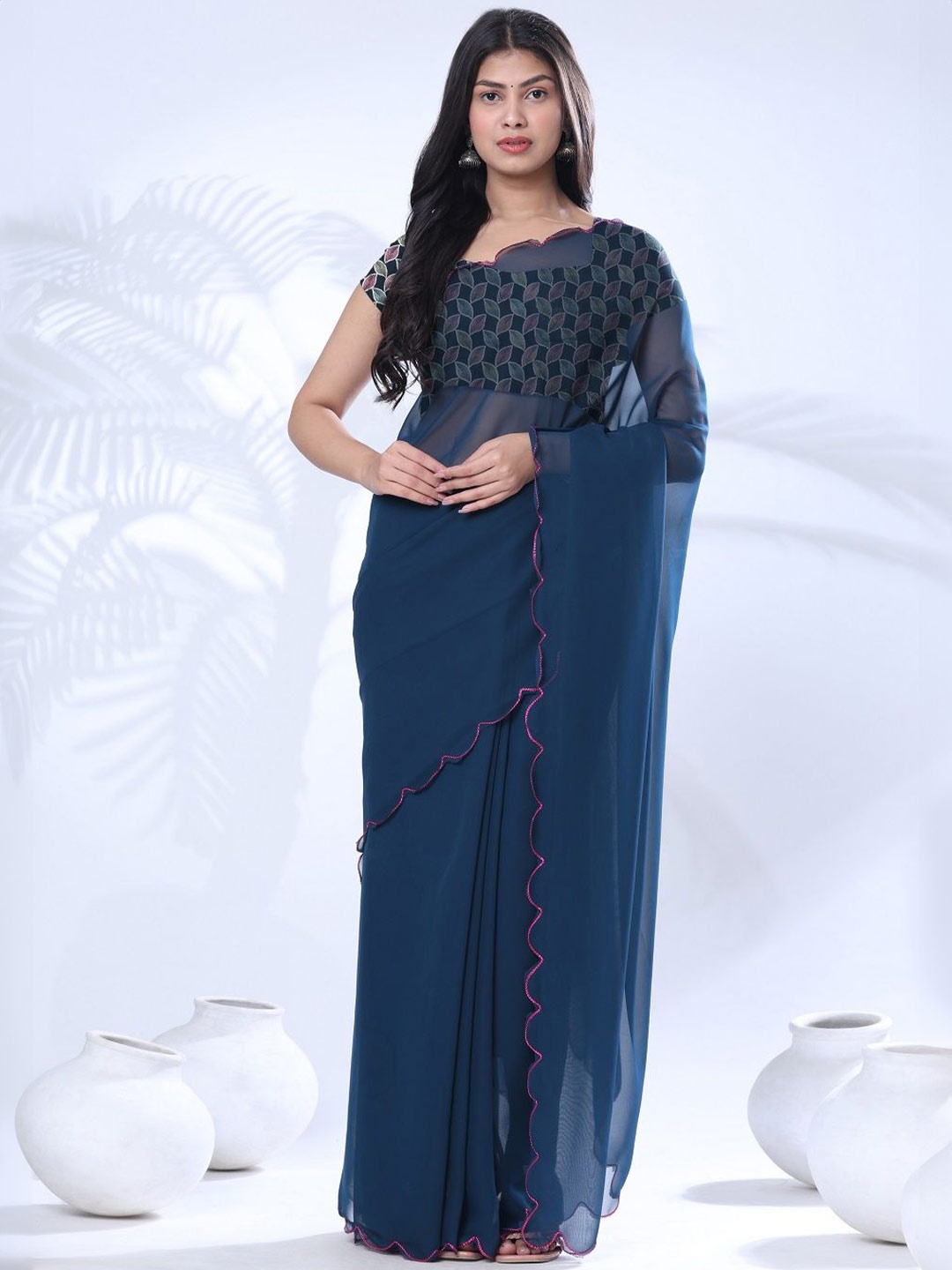 

Pionex Women Embroidered Pure Georgette Saree, Blue