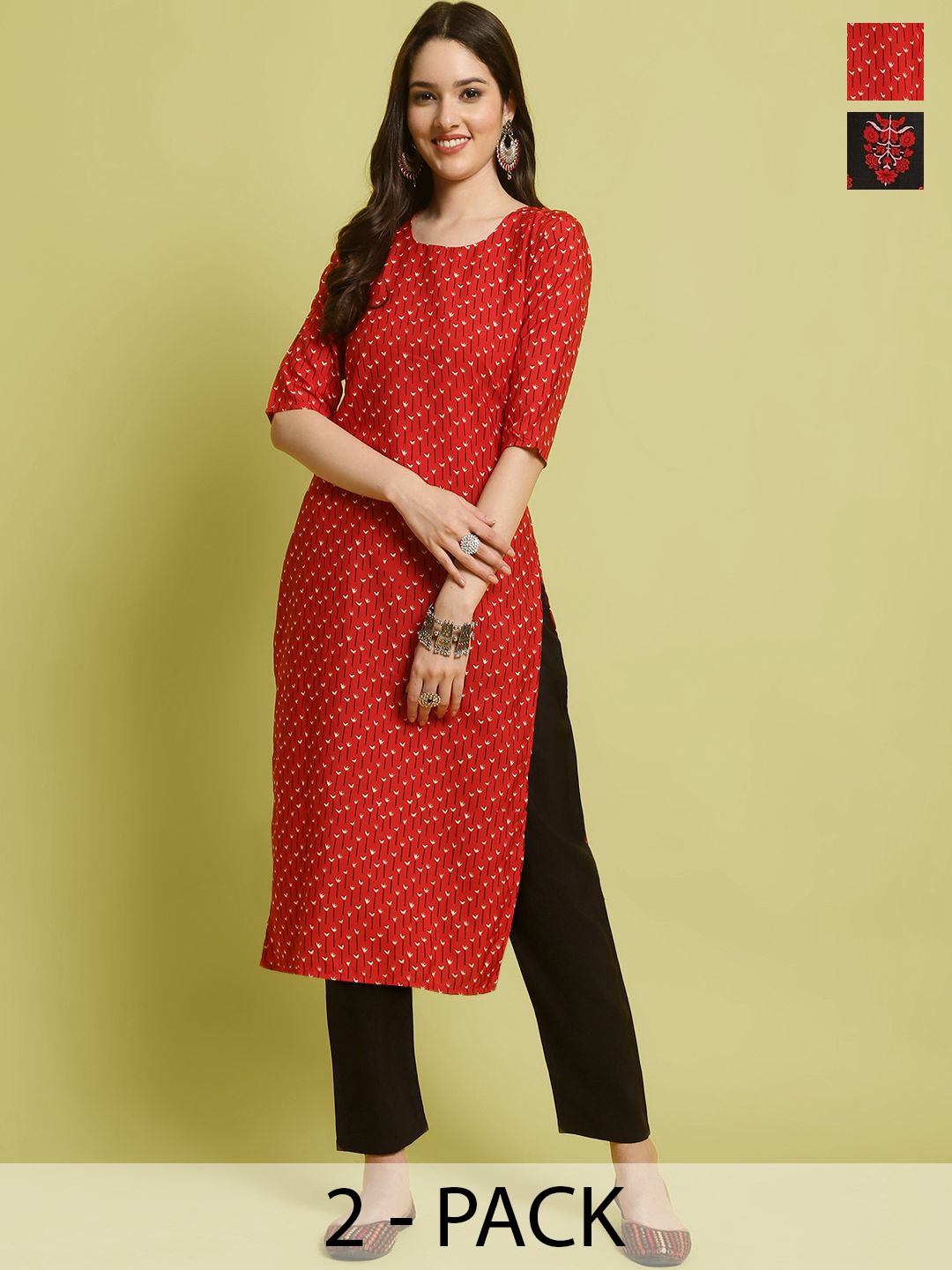 

7Threads Selection Of 2 Floral Printed Straight Kurta With Trousers, Red