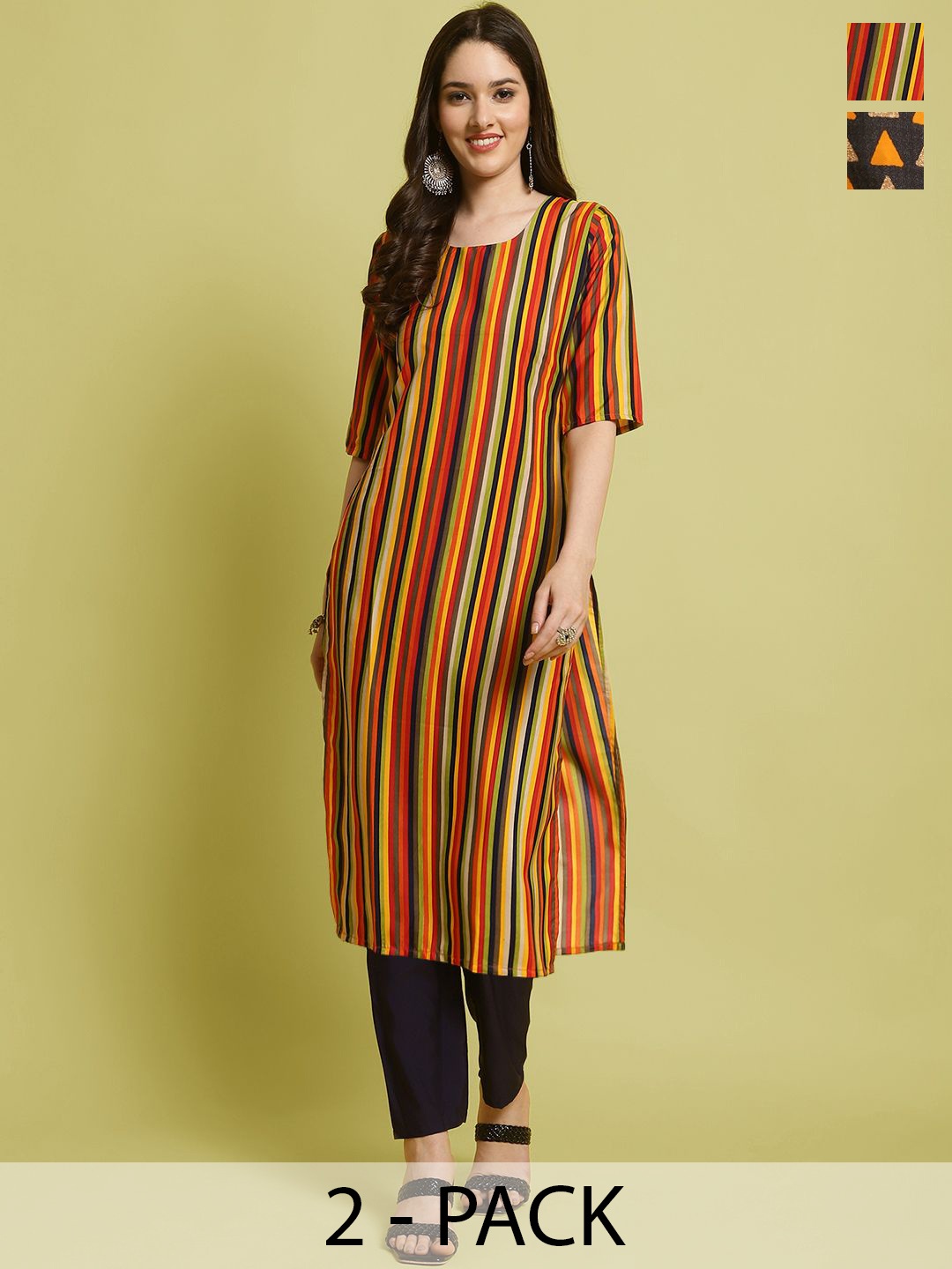 

7Threads Selection Of 2 Striped Printed Round Neck Straight Kurta With Trousers, Orange