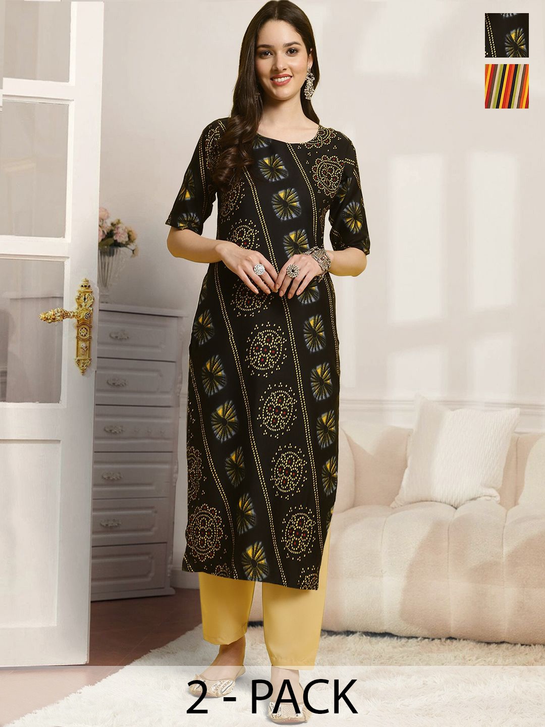 

7Threads Selection Of 2 Bandhani Printed Round Neck Straight Kurta With Trousers, Black