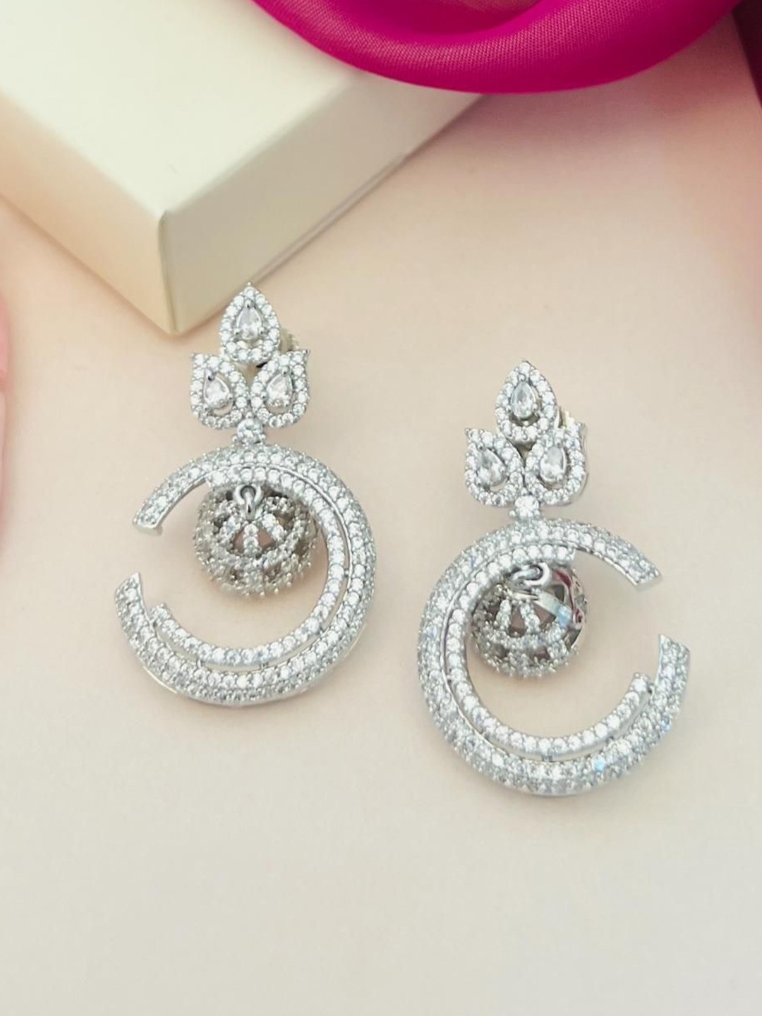 

ABDESIGNS Silver-Plated Classic American Diamond Studded Drop Earrings