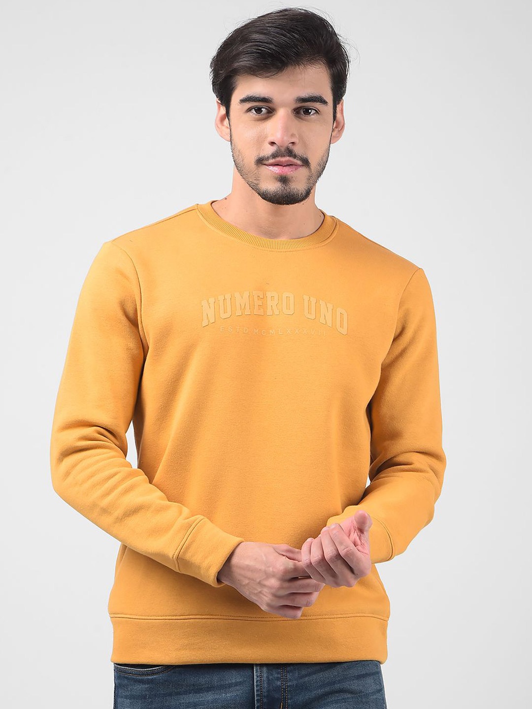 

Numero Uno Men Typography Printed Cotton Sweatshirt, Mustard