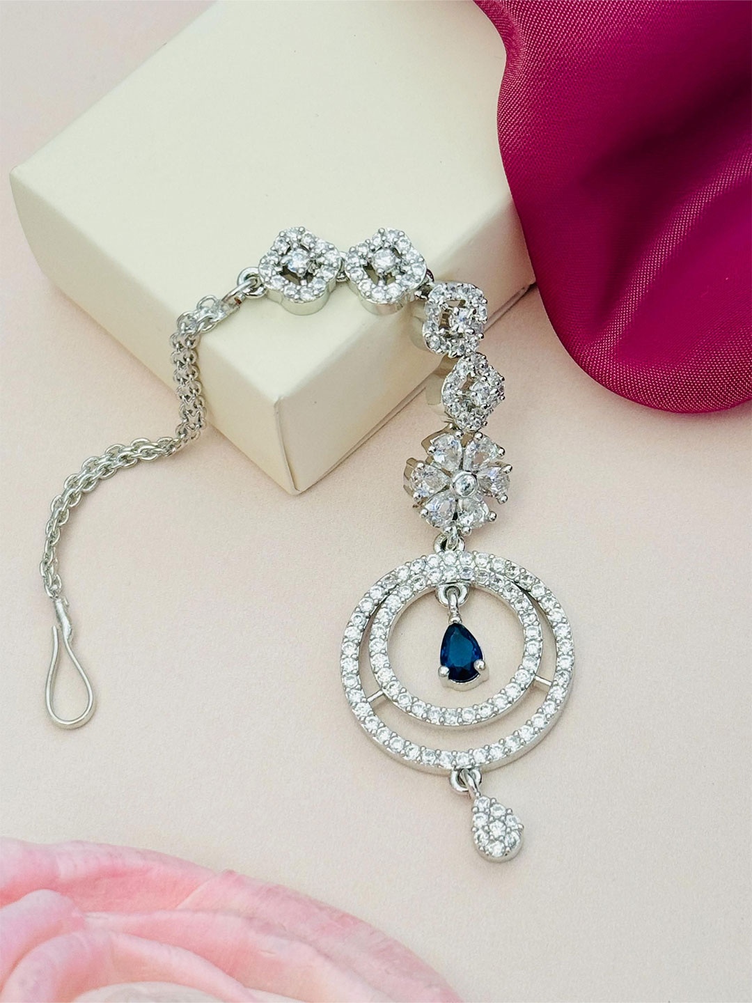 

ABDESIGNS Silver-Plated American Diamond Studded Maang Tikka