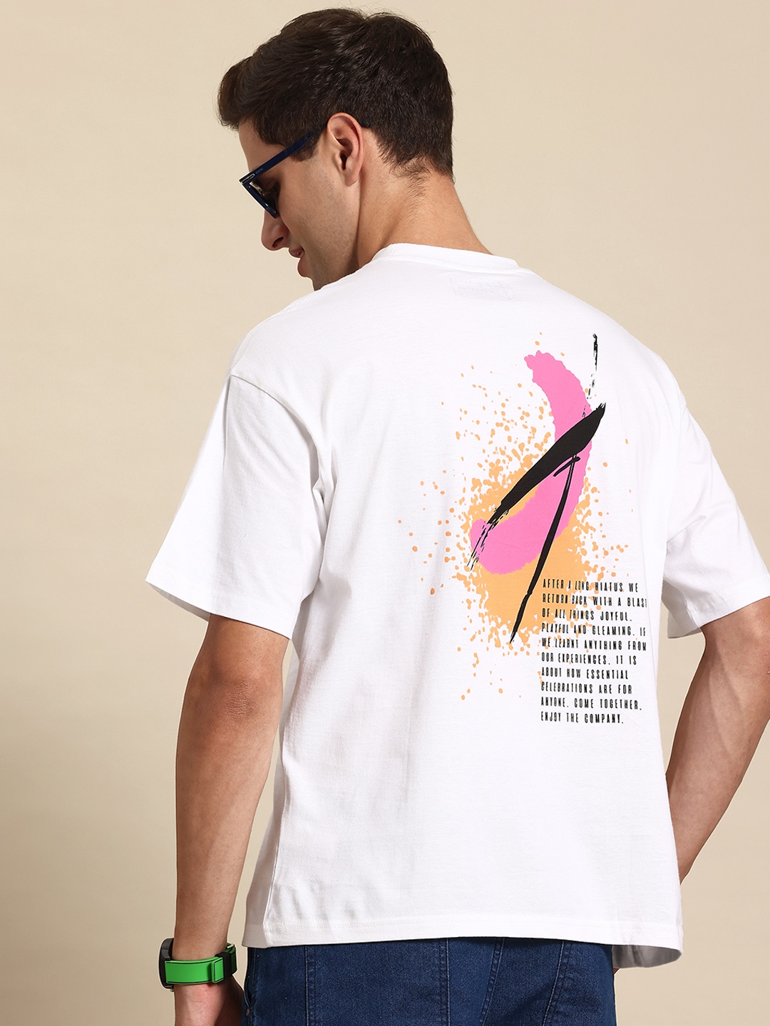 

Mast & Harbour Printed Drop-Shoulder Sleeves Pure Cotton T-shirt, White