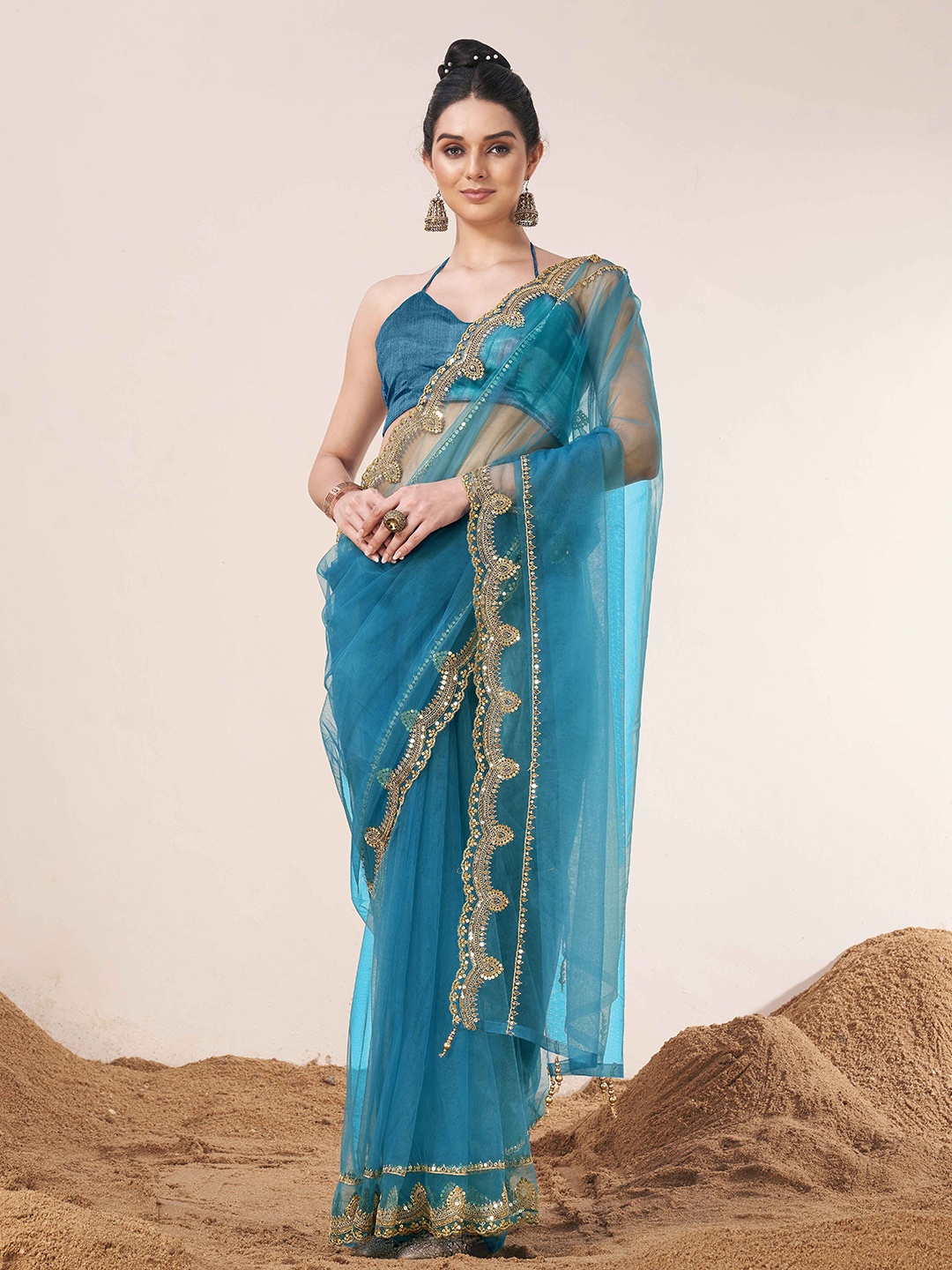 

Tikhi Imli Sequinned Net Saree, Turquoise blue