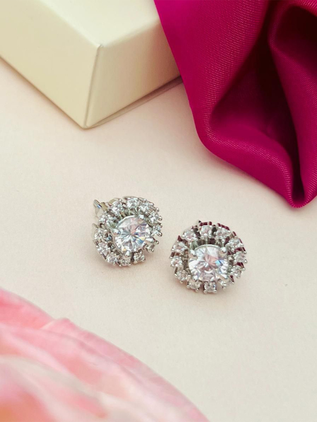 

ABDESIGNS Silver-Plated American Diamond Studded Classic Studs Earrings