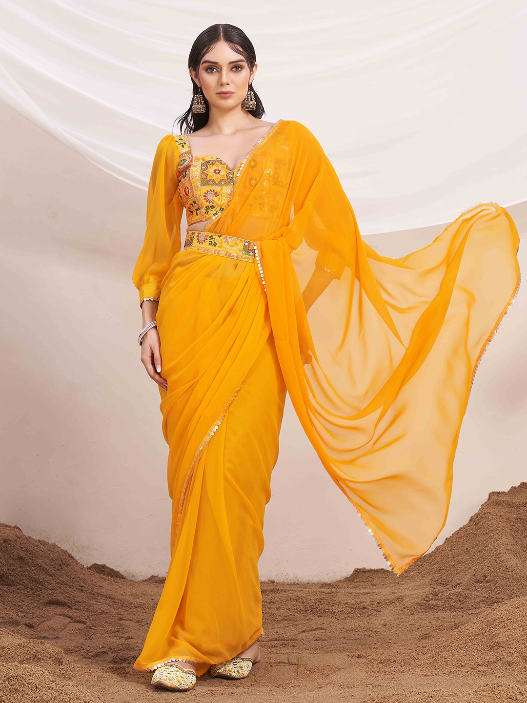 

Tikhi Imli Embroidered Sequinned Belted Saree, Yellow