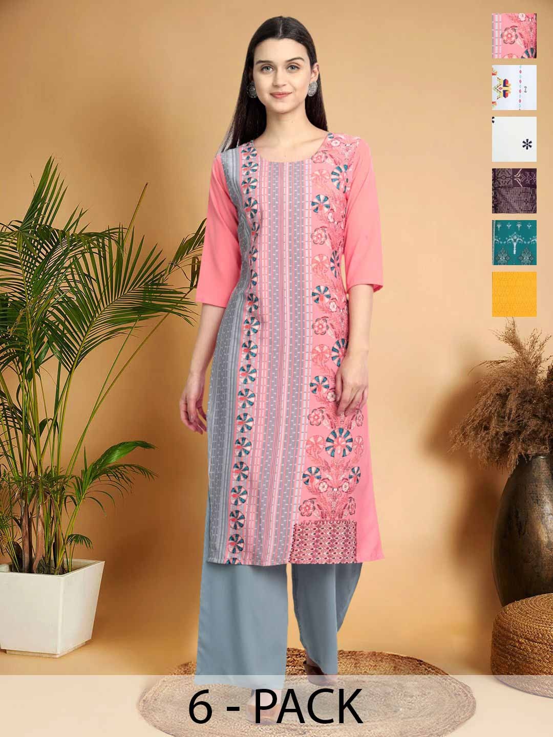 

7Threads Selection Of 6 Ethnic Motifs Printed Round Neck Kurtas, Pink