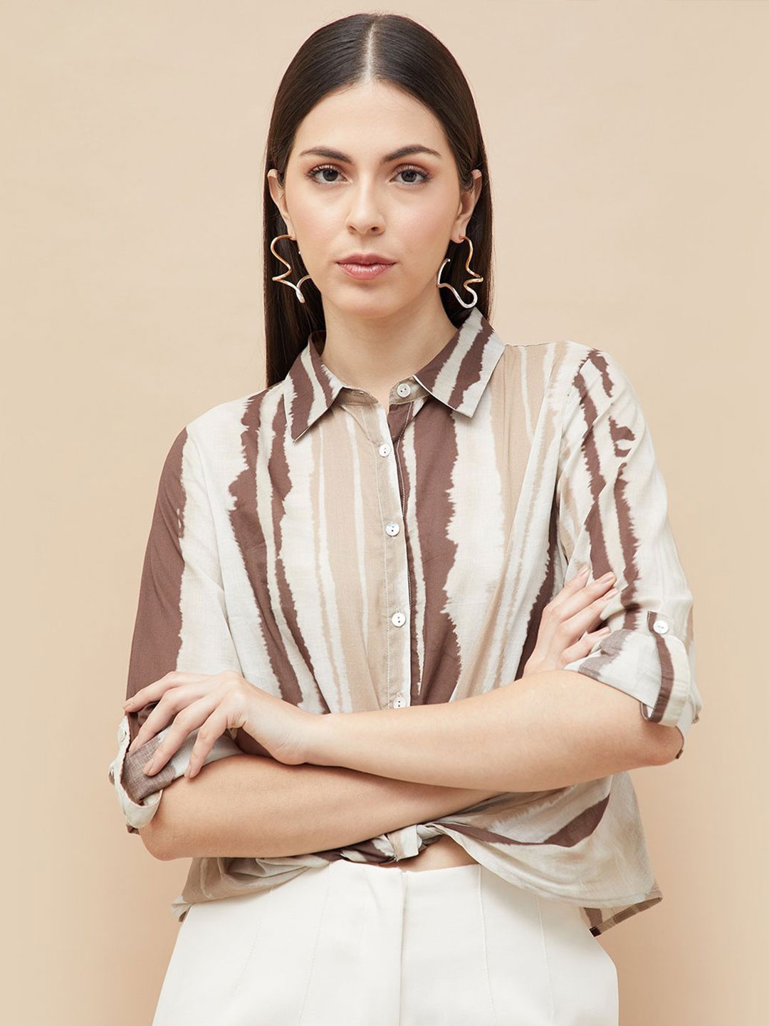 

CODE by Lifestyle Women Spread Collar Vertical Striped Cotton Casual Shirt, Beige
