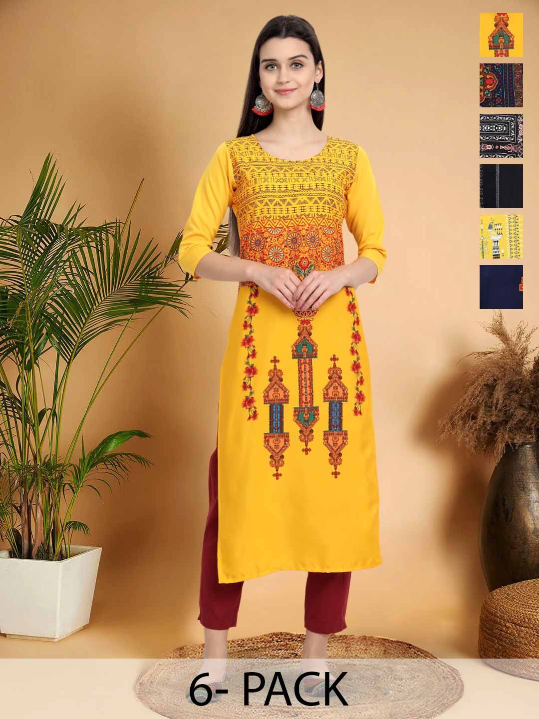 

7Threads Selection Of 6 Ethnic Motifs Printed Round Neck Straight Kurtas, Yellow