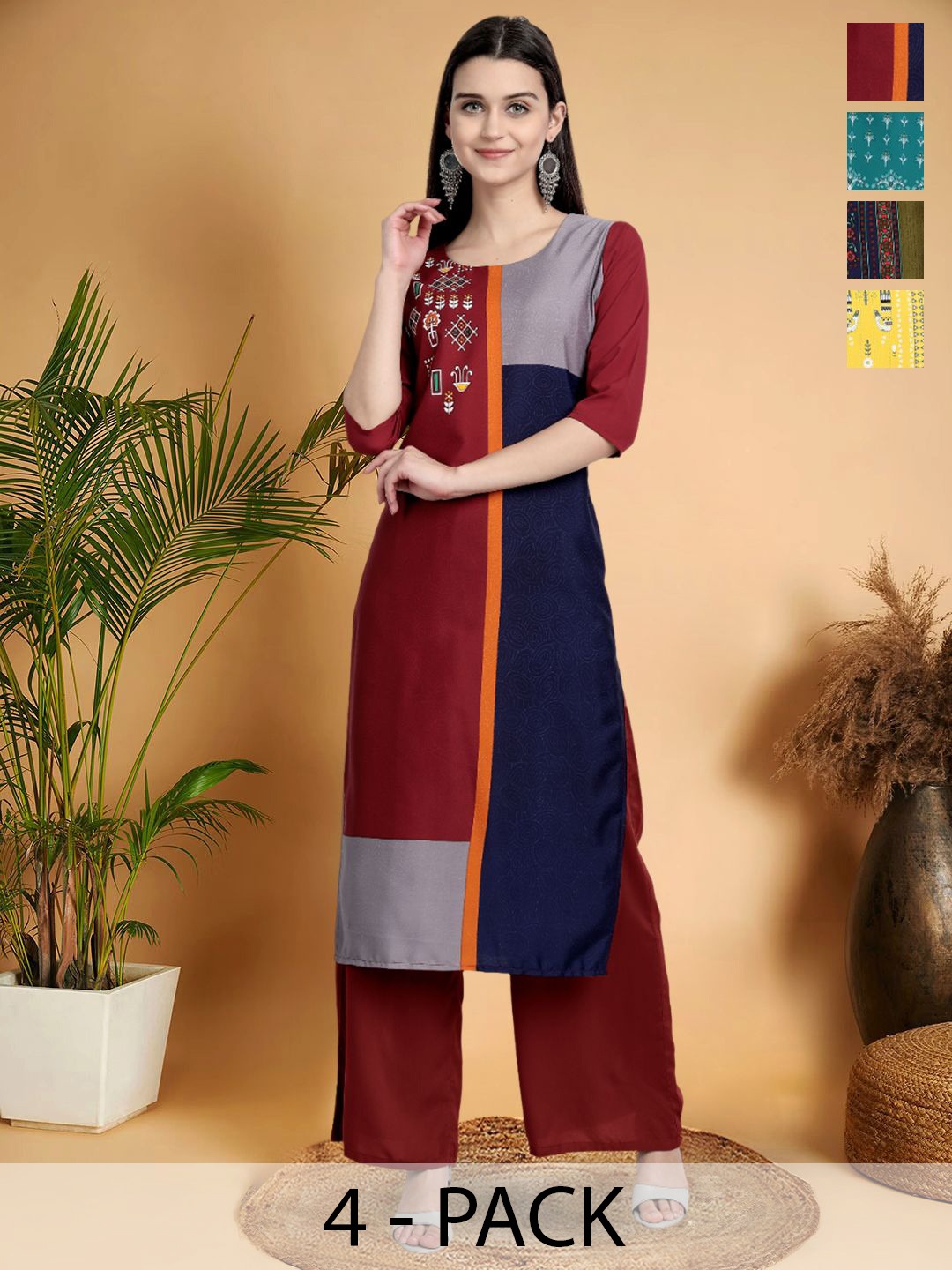 

7Threads Selection Of 4 Colourblocked Printed Round Neck Straight Kurtas, Red