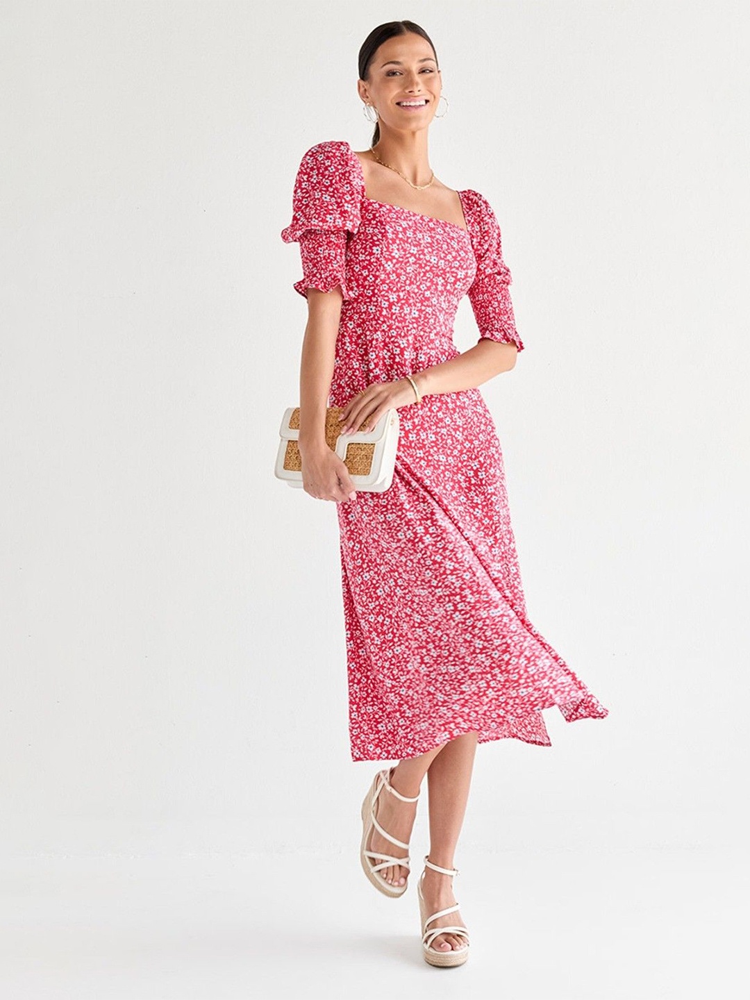 

BAESD Women Floral Printed A-Line Midi Dress, Pink