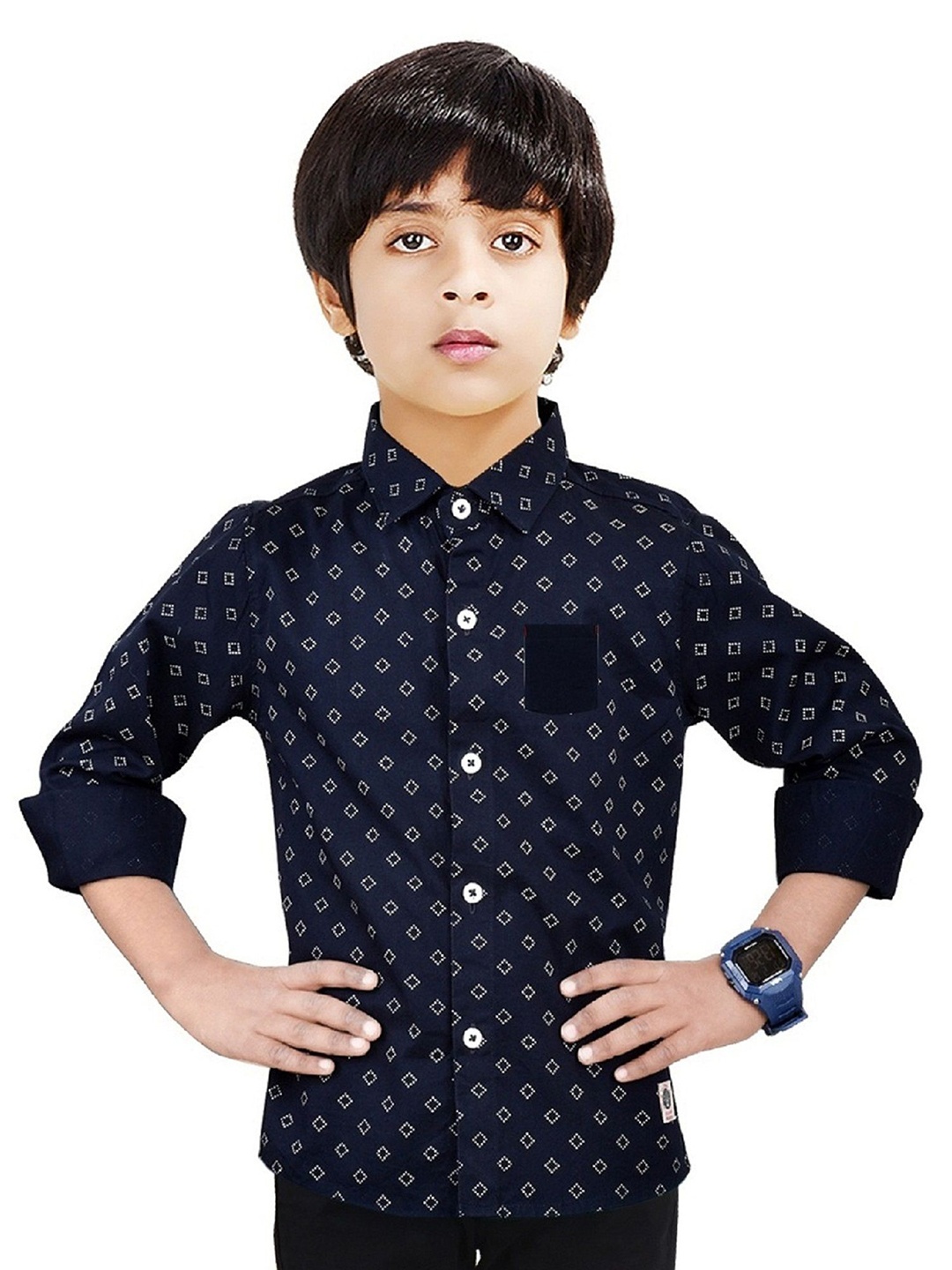 

MADE IN THE SHADE Boys Spread Collar Geometric Printed Cotton Casual Shirt, Navy blue