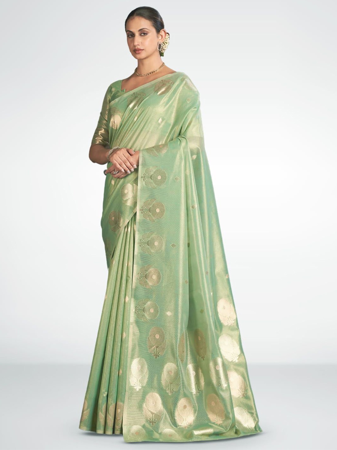 

NK Textiles Floral Zari Tissue Saree, Sea green