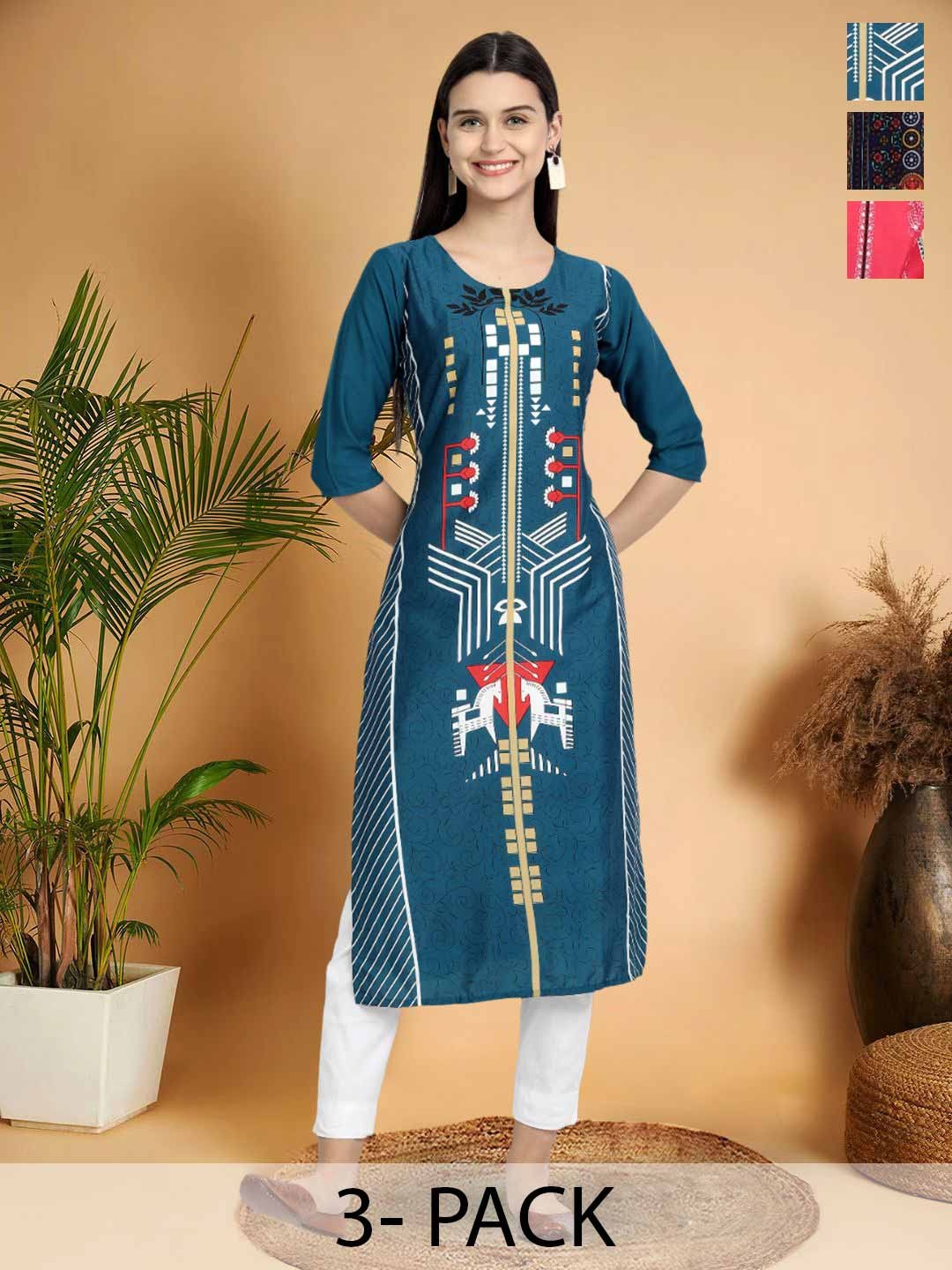 

7Threads Selection Of 3 Floral Printed Round Neck Straight Kurtas, Blue