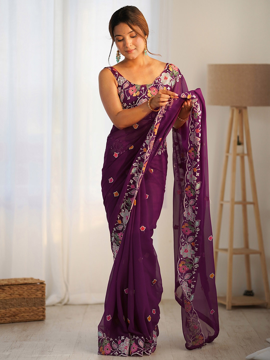 

Satrani Floral Sequinned Pure Georgette Saree, Purple