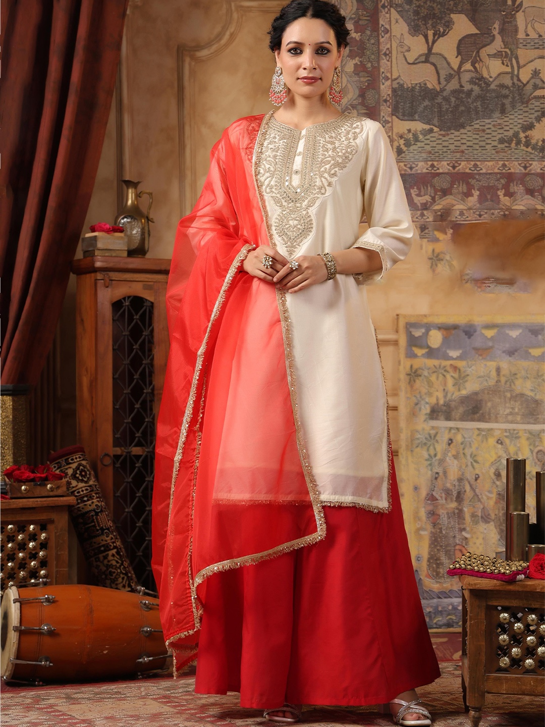 

SCAKHI Women Floral Embroidered Regular Sequinned Dupion Silk Kurta with Palazzos & With Dupatta, Cream