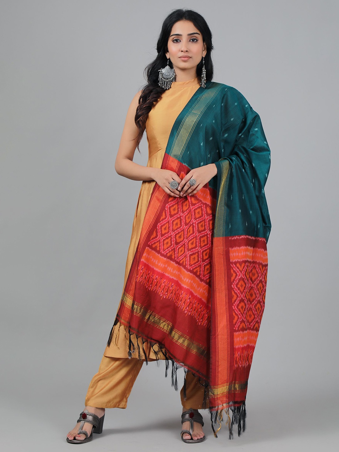 

TJORI Ethnic Motifs Printed Ikat Cotton Dupatta With Zari, Blue