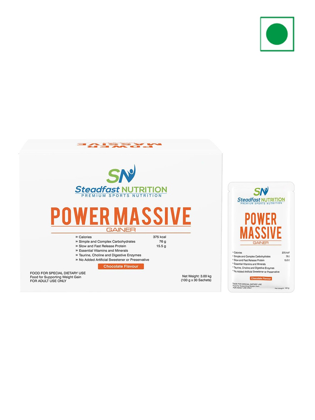 

Steadfast Nutrition Power Massive Gainer Mass Gain Formula Chocolate 30 Sachets 3kg, White