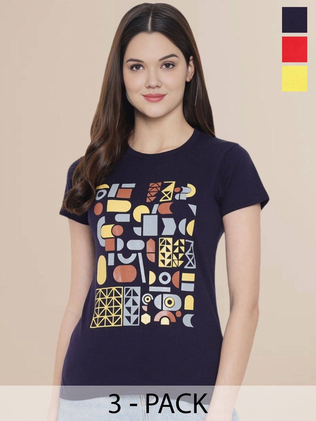 

Metronaut Women Pack Of 3 Typography Printed Round Neck Cotton T-shirts, Yellow