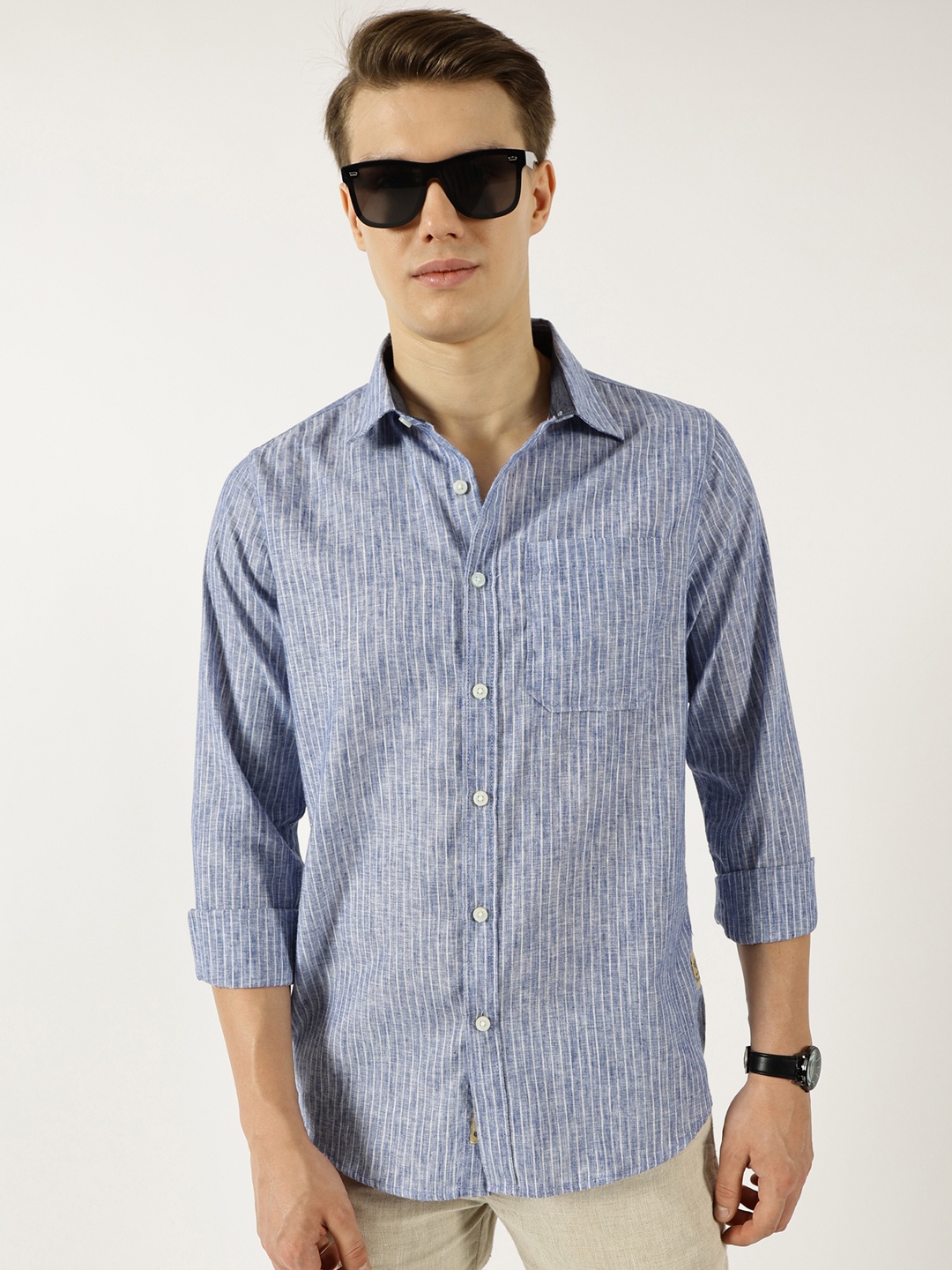 

Thomas Scott Men Classic Slim Fit Opaque Striped Casual Shirt, Blue