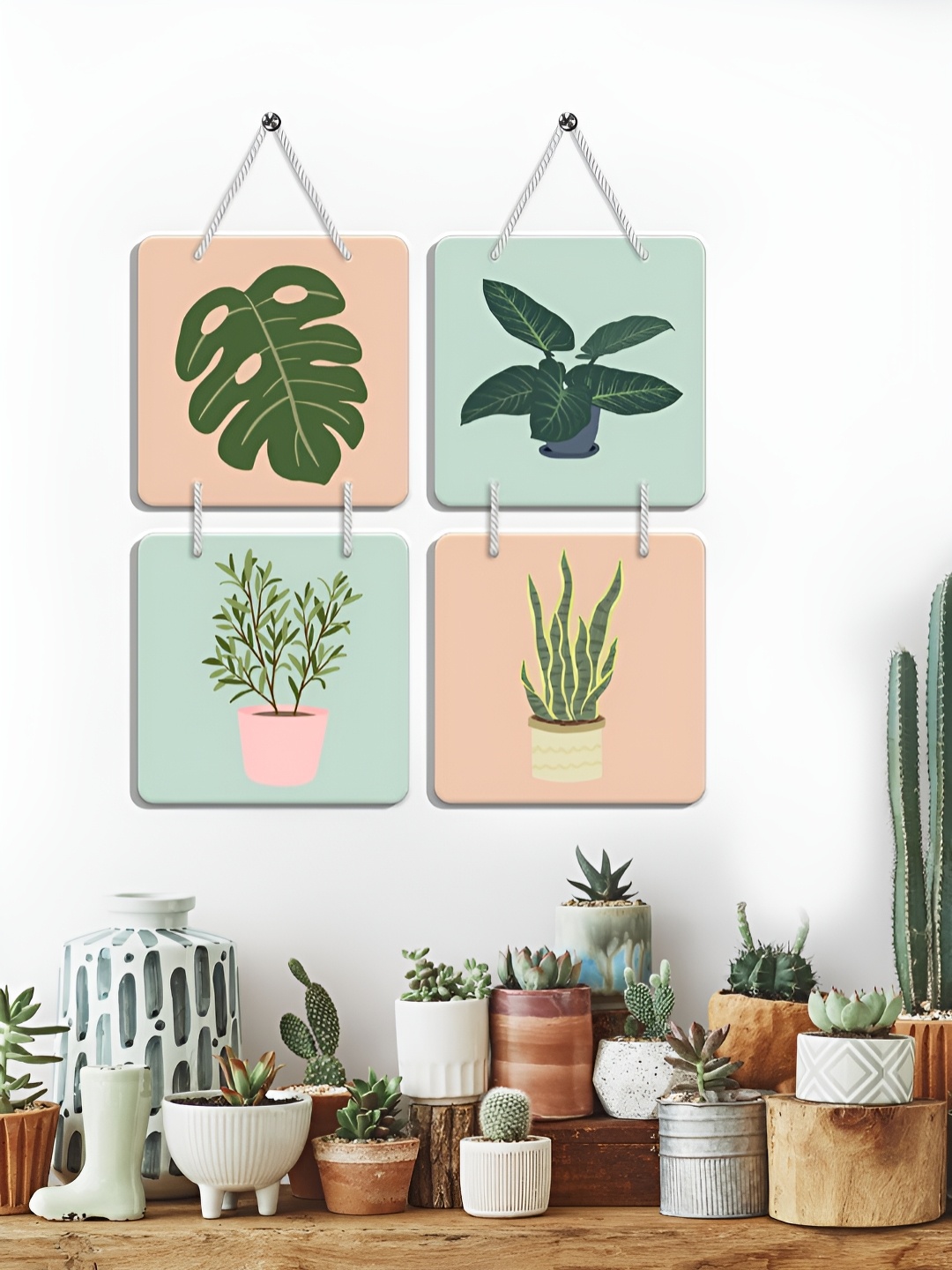 

OLIVE TREE 4-Pcs Peach Colored & Green Printed Wooden Wall Hangings