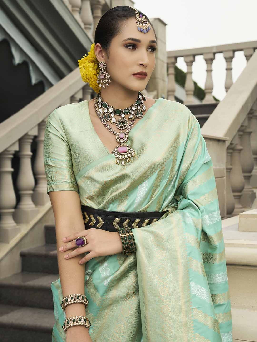 

Anouk Ethnic Motifs Zari Silk Blend Kanjeevaram Saree, Sea green