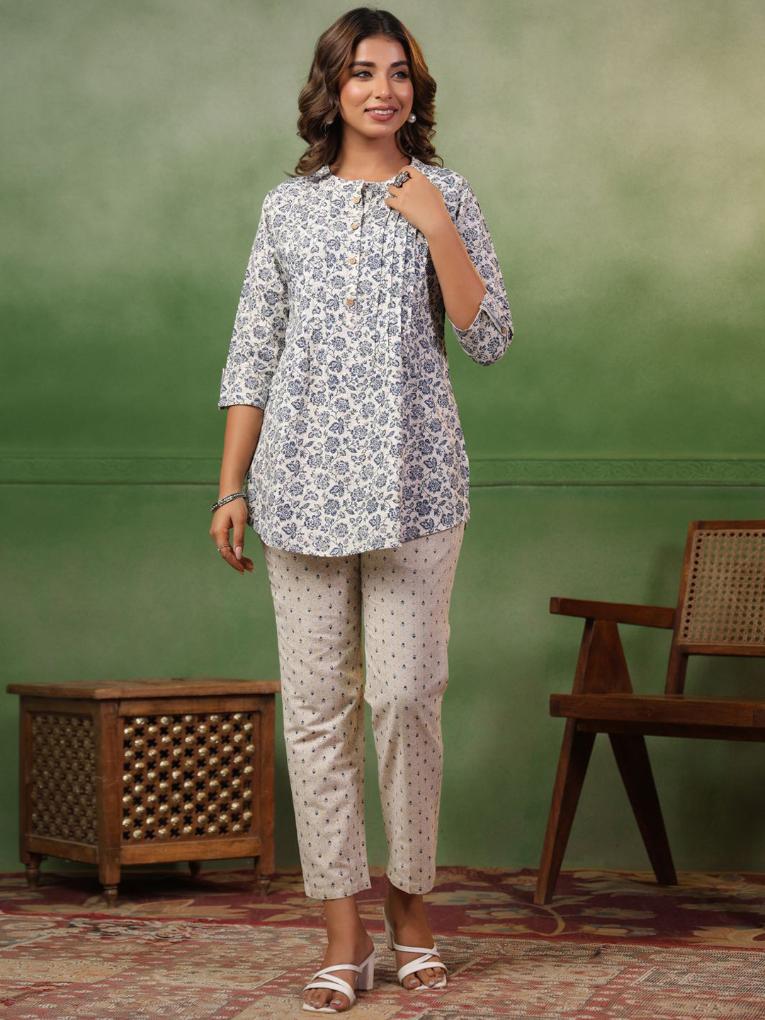 

Span Printed Tunic With Trousers, White