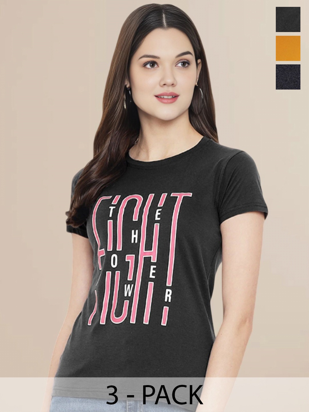 

Metronaut Women Pack Of 3 Typography Printed Round Neck Cotton T-shirts, Mustard