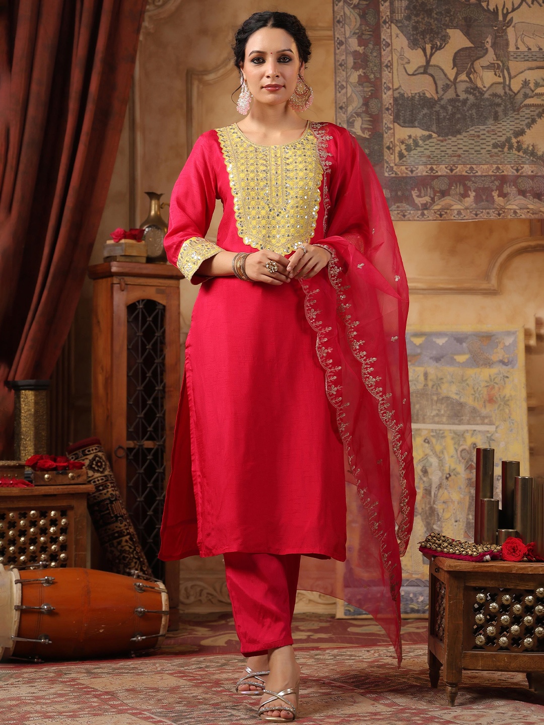 

SCAKHI Women Embroidered Regular Dupion Silk Kurta with Trousers & With Dupatta, Fuchsia