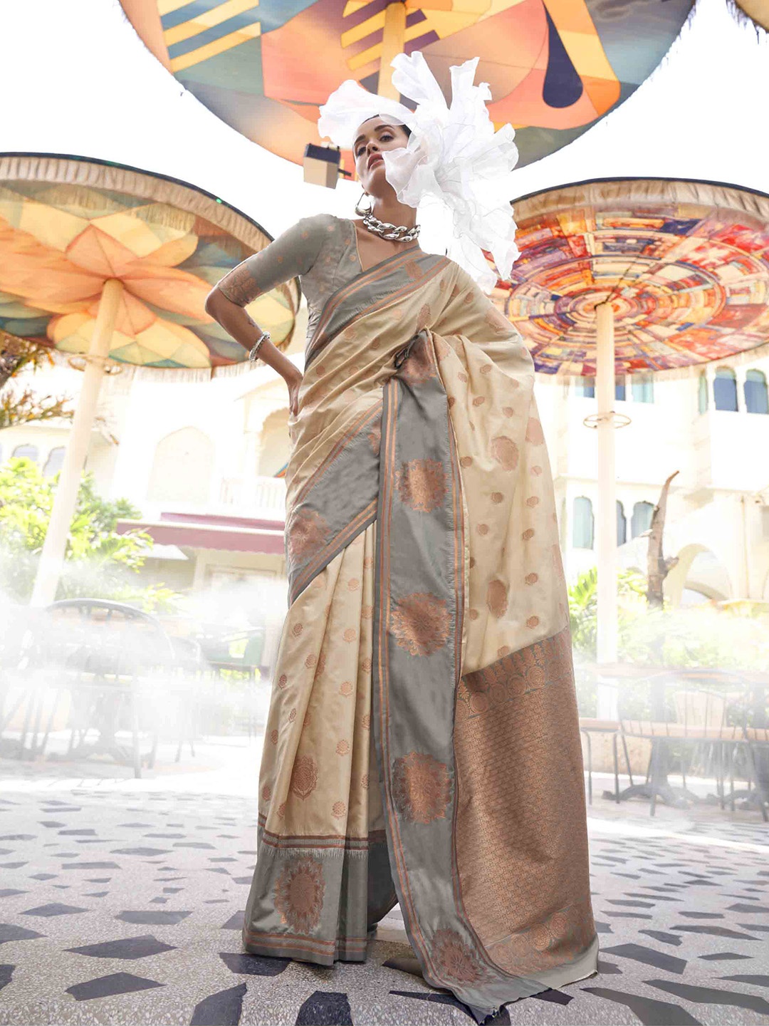 

Mitera Woven Design Zari Silk Blend Saree, Beige