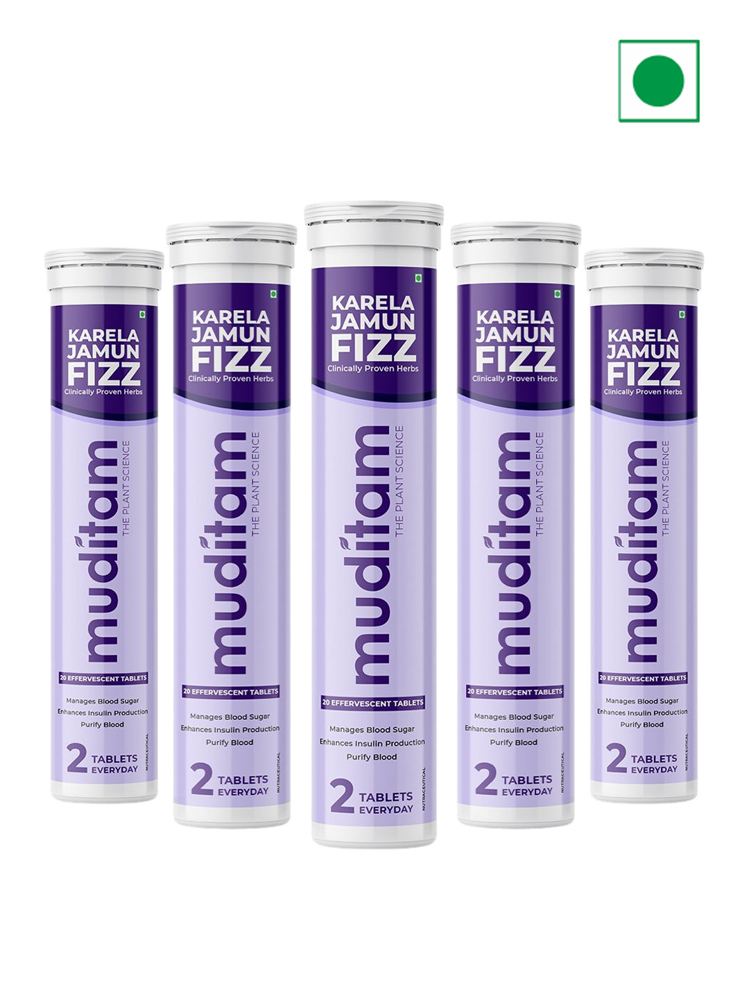 

Muditam Set Of 5 Ayurveda Karela Jamun Fizz Helps High Sugar Condition - 20 Tablets Each, White