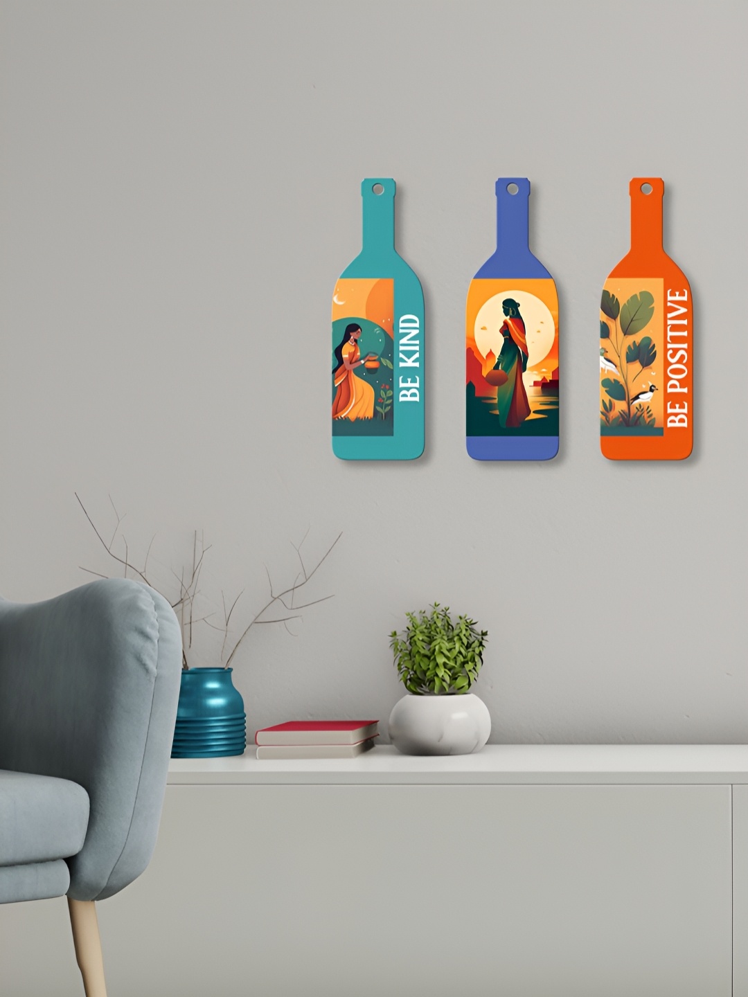

ArtVibes 3Pcs Blue & Teal Blue Printed Wooden Wall Decor Hangings