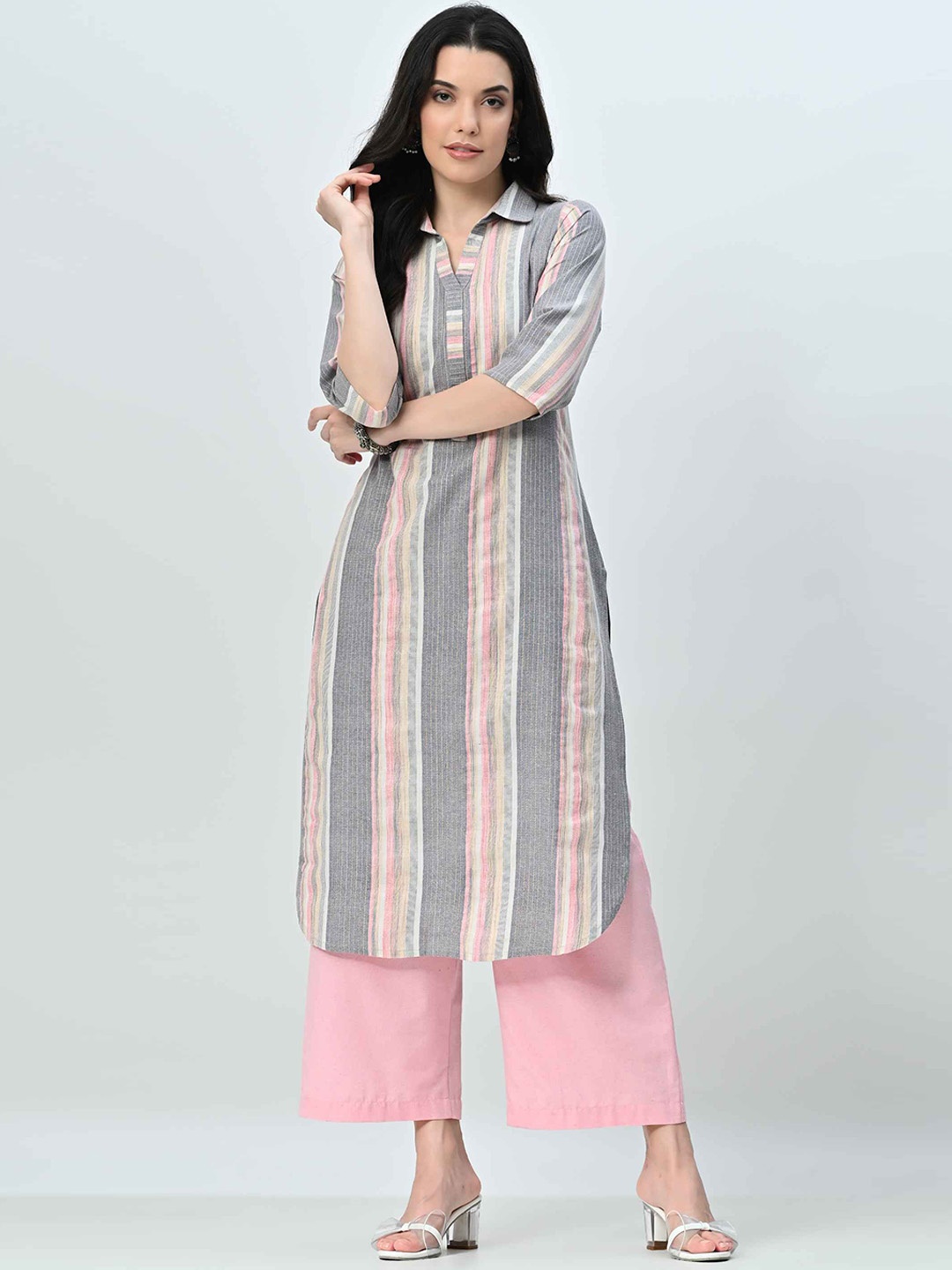 

AMBI Women Striped Regular Kurta with Palazzos, Grey