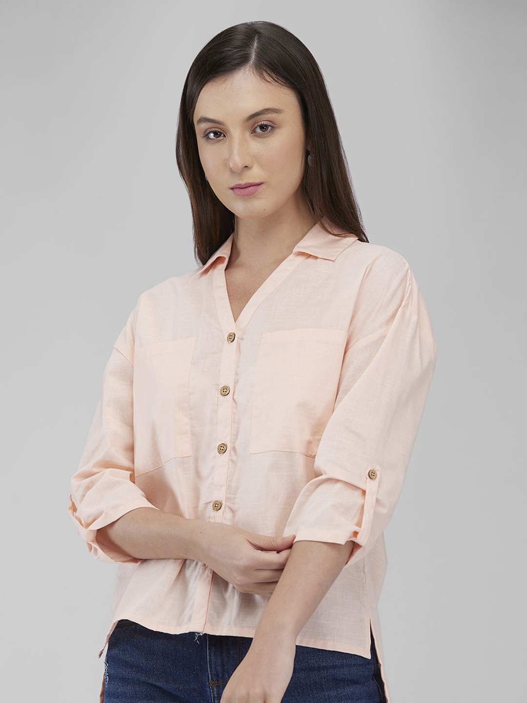 

IZEL Women Opaque Solid Cotton Casual Shirt, Peach