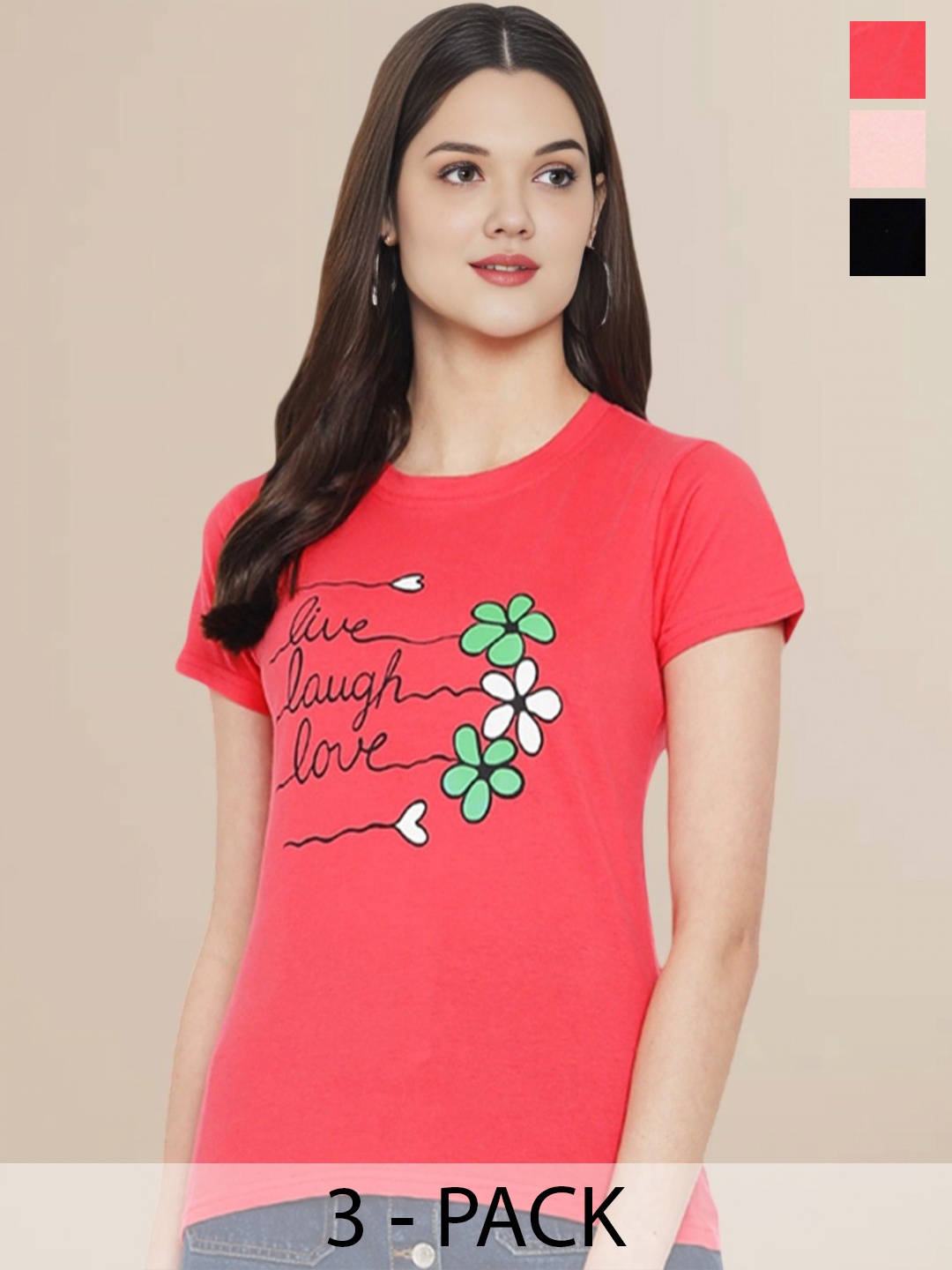 

Metronaut Women Pack Of 3 Typography Printed Round Neck Cotton T-shirts, Peach