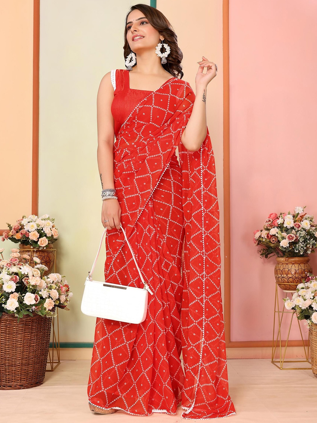 

HERE&NOW Ready to Wear Bandhani Saree, Red