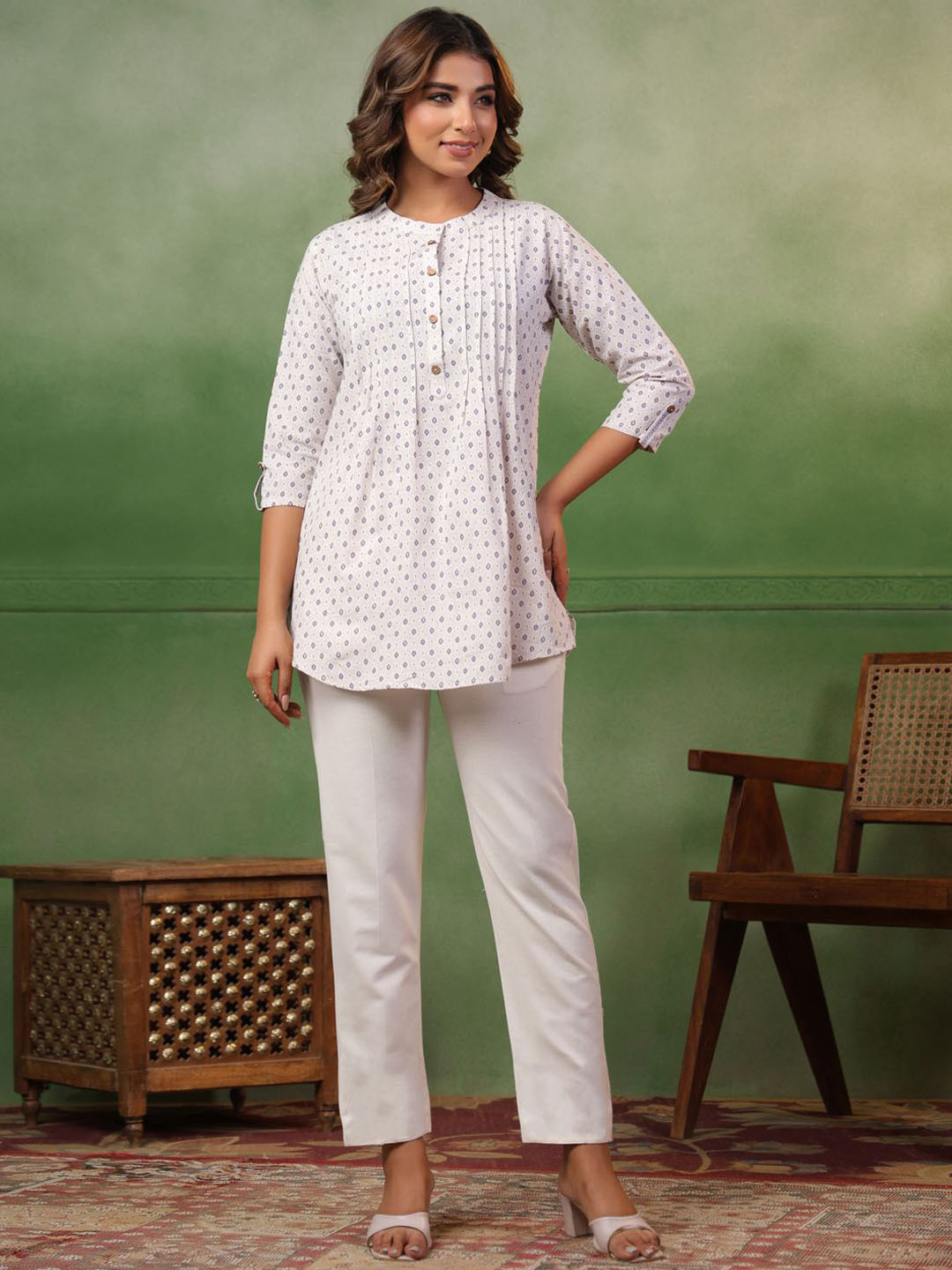 

Span Printed Tunic With Trousers, White