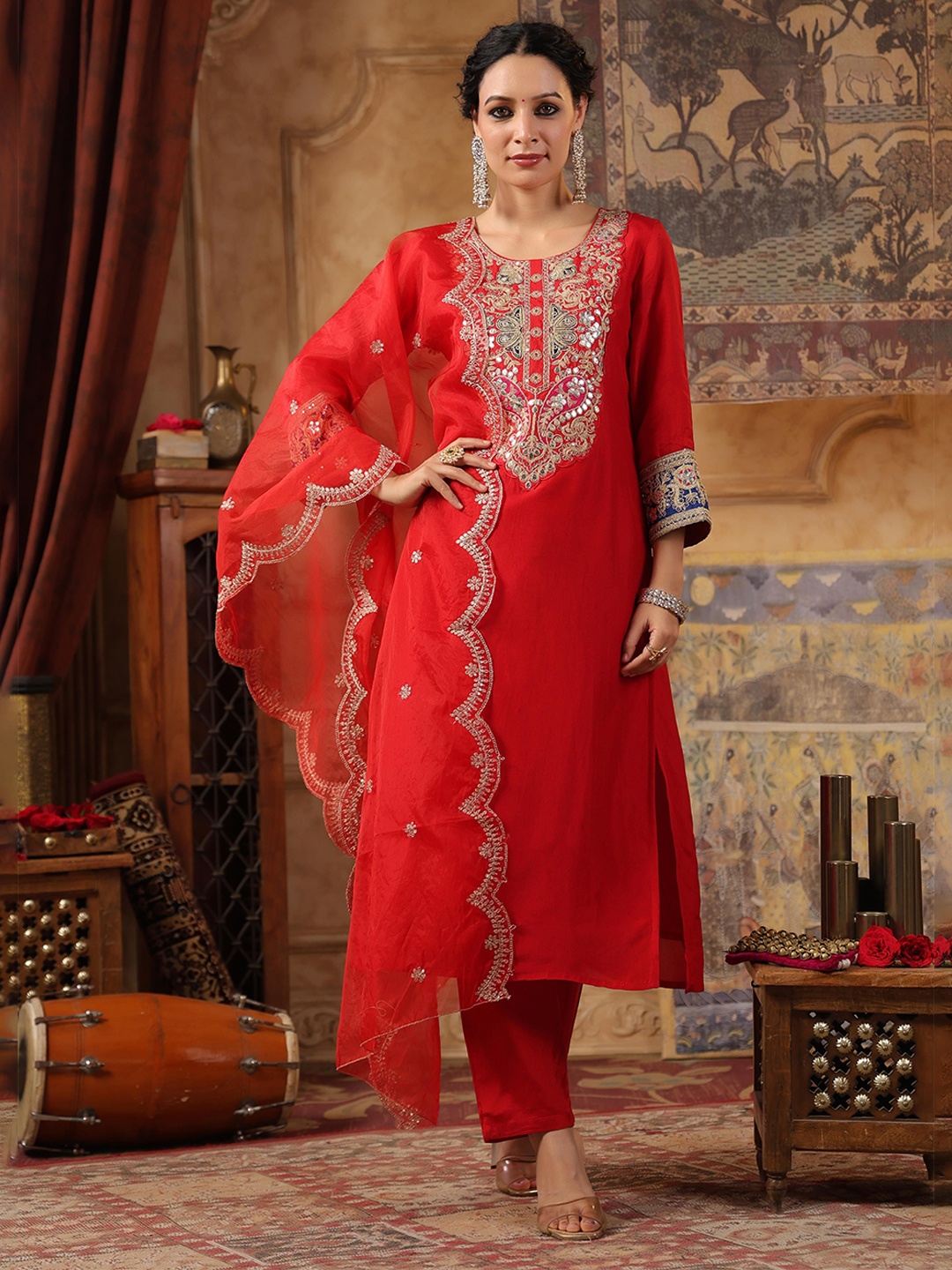 

SCAKHI Women Floral Embroidered Regular Dupion Silk Kurta with Trousers & With Dupatta, Red