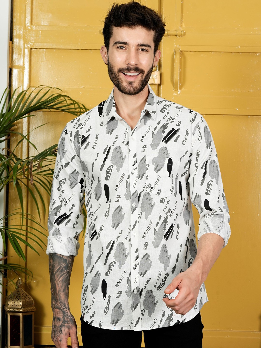 

Tanip Men Comfort Polka Dot Sheer Printed Casual Shirt, White