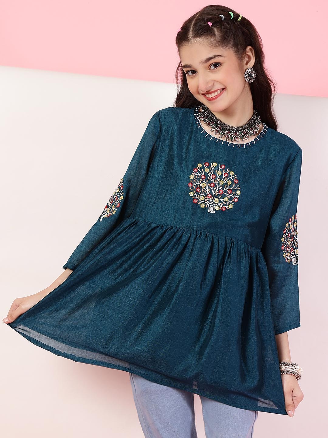 

BAESD Floral Embroidered Pure Silk Top, Blue