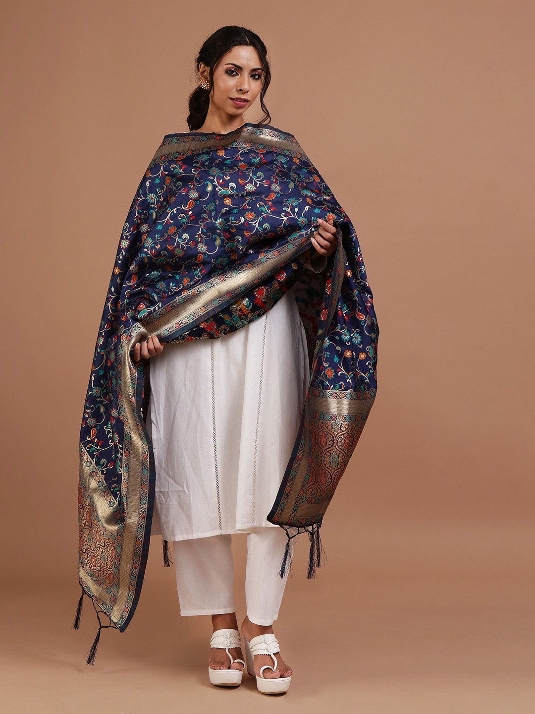 

TJORI Floral Woven Design Dupatta With Zari, Navy blue